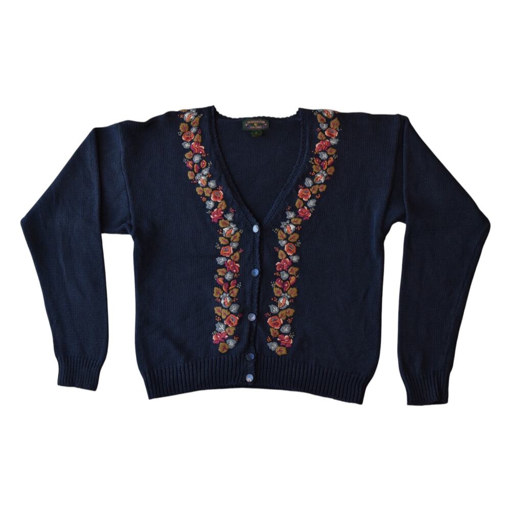 VTG Charter Club by Jane Justin 90s Floral Embroidered Cotton Cardigan S
